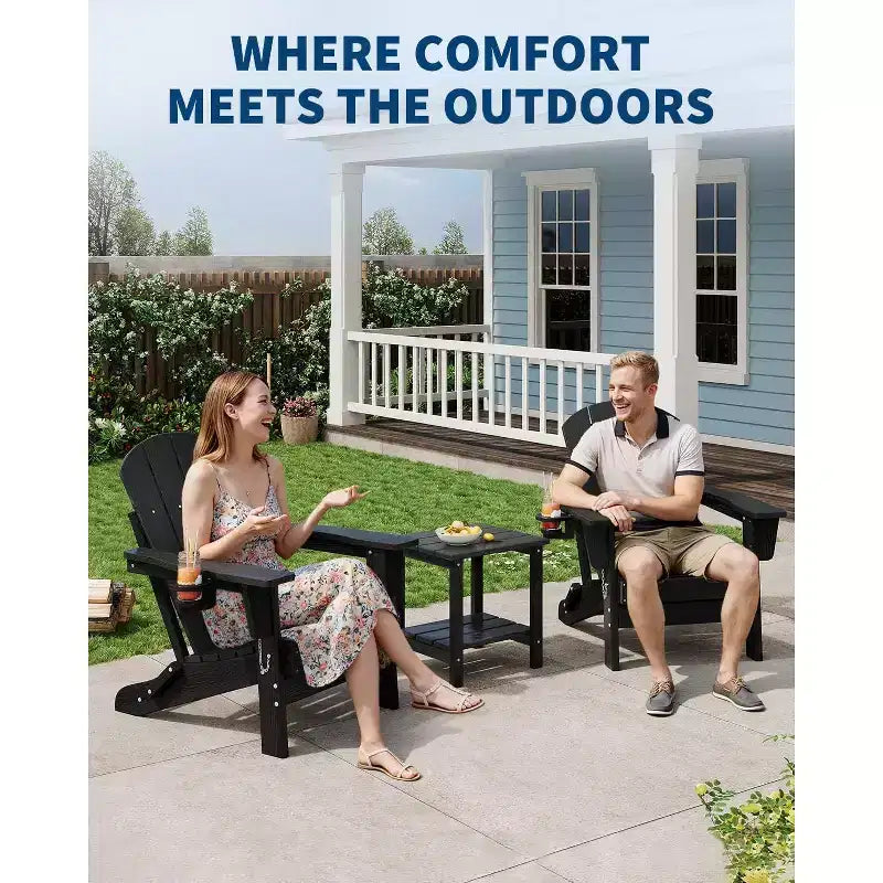 Folding Adirondack Chair with 2-Tier Storage Patio Side Table, Wooden Textured Resistant for Outdoor Patio Seating for Deck, Garden, Lawn, Fire Pit
