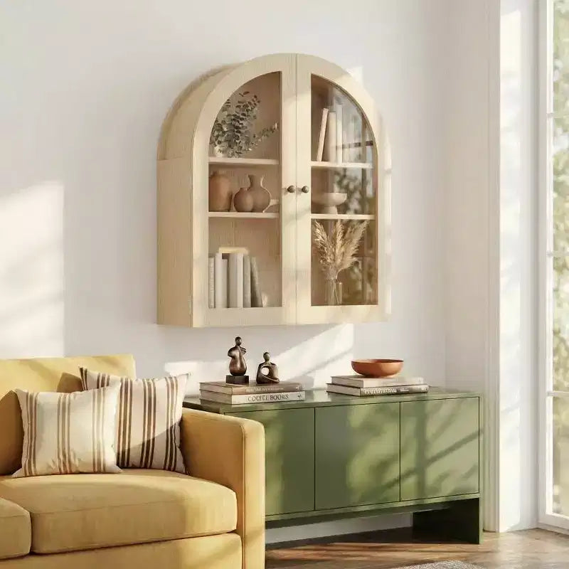 Arched Wall Mounted Bathroom Cabinet with Glass Doors, Rustic Wood Medicine Cabinet with Adjustable Shelves, Over Toilet Storage Cabinet for Bathroom
