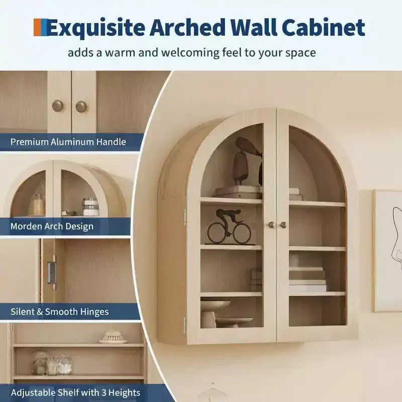 Arched Wall Mounted Bathroom Cabinet with Glass Doors, Rustic Wood Medicine Cabinet with Adjustable Shelves, Over Toilet Storage Cabinet for Bathroom