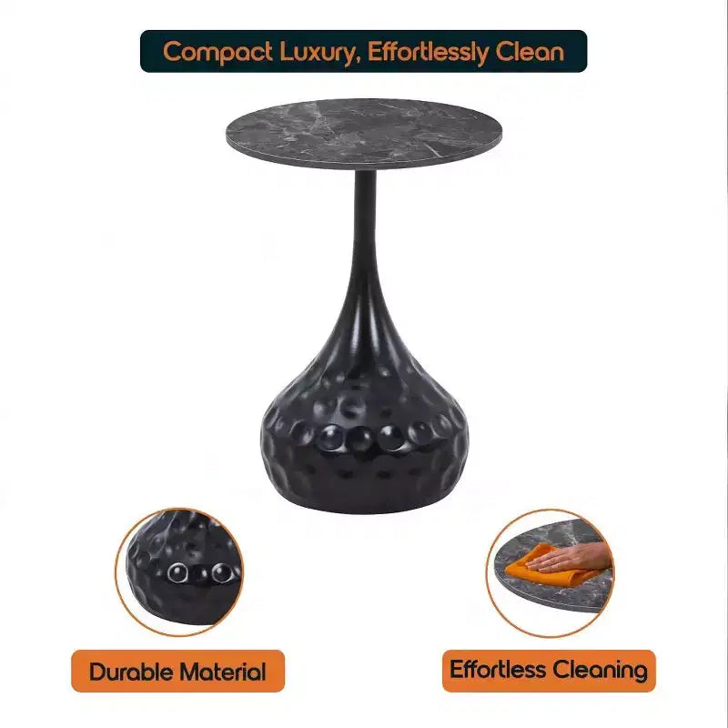 Table d'appoint ronde LeisureMod Hada 15 en pierre frittée, table d'appoint piédestal en métal martelé, style marbre de luxe pour salon