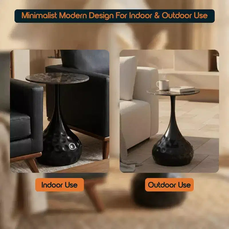 Table d'appoint ronde LeisureMod Hada 15 en pierre frittée, table d'appoint piédestal en métal martelé, style marbre de luxe pour salon