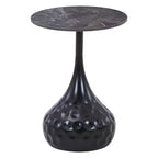 LeisureMod Hada 15 Round Sintered Stone Side Table, Modern Artisan Hammered Metal Pedestal Accent End Table Luxury Marble Style Table for Living Room