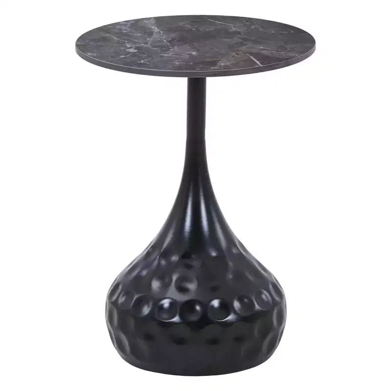 LeisureMod Hada 15 Round Sintered Stone Side Table, Modern Artisan Hammered Metal Pedestal Accent End Table Luxury Marble Style Table for Living Room