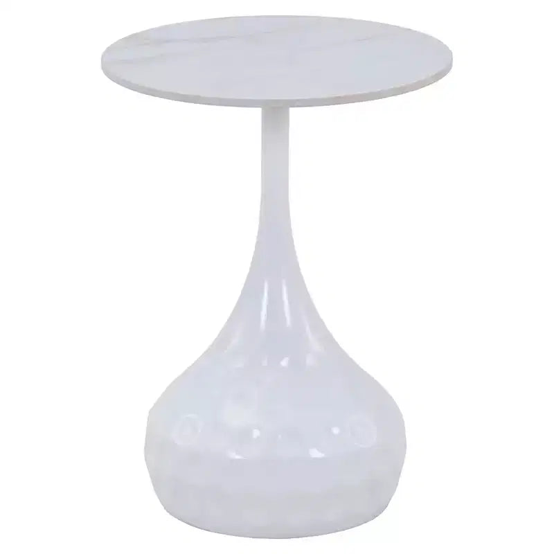 Table d'appoint ronde LeisureMod Hada 15 en pierre frittée, table d'appoint piédestal en métal martelé, style marbre de luxe pour salon