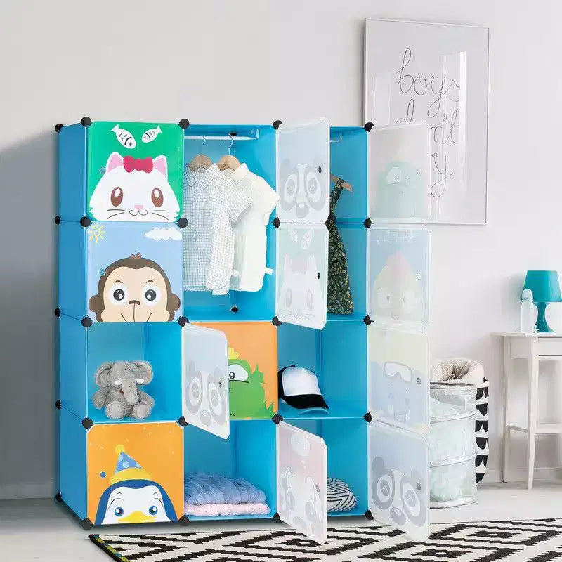 Karl Home Armoire de Rangement Modulable pour Enfants 12 Cubes avec 2 Tiges de Suspension Motif Animal DIY Organisateur de Rangement en Plastique Bleu
