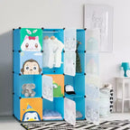 Karl Home Armoire de Rangement Modulable pour Enfants 12 Cubes avec 2 Tiges de Suspension Motif Animal DIY Organisateur de Rangement en Plastique Bleu