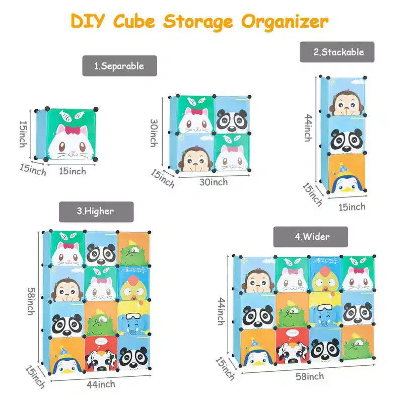 Karl Home Armoire de Rangement Modulable pour Enfants 12 Cubes avec 2 Tiges de Suspension Motif Animal DIY Organisateur de Rangement en Plastique Bleu