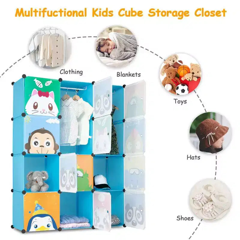 Karl Home Armoire de Rangement Modulable pour Enfants 12 Cubes avec 2 Tiges de Suspension Motif Animal DIY Organisateur de Rangement en Plastique Bleu