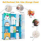 Karl Home Armoire de Rangement Modulable pour Enfants 12 Cubes avec 2 Tiges de Suspension Motif Animal DIY Organisateur de Rangement en Plastique Bleu