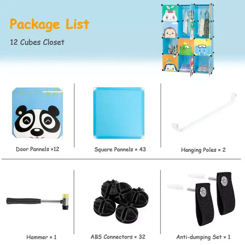 Karl Home Armoire de Rangement Modulable pour Enfants 12 Cubes avec 2 Tiges de Suspension Motif Animal DIY Organisateur de Rangement en Plastique Bleu