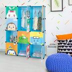 Karl Home Armoire de Rangement Modulable pour Enfants 12 Cubes avec 2 Tiges de Suspension Motif Animal DIY Organisateur de Rangement en Plastique Bleu