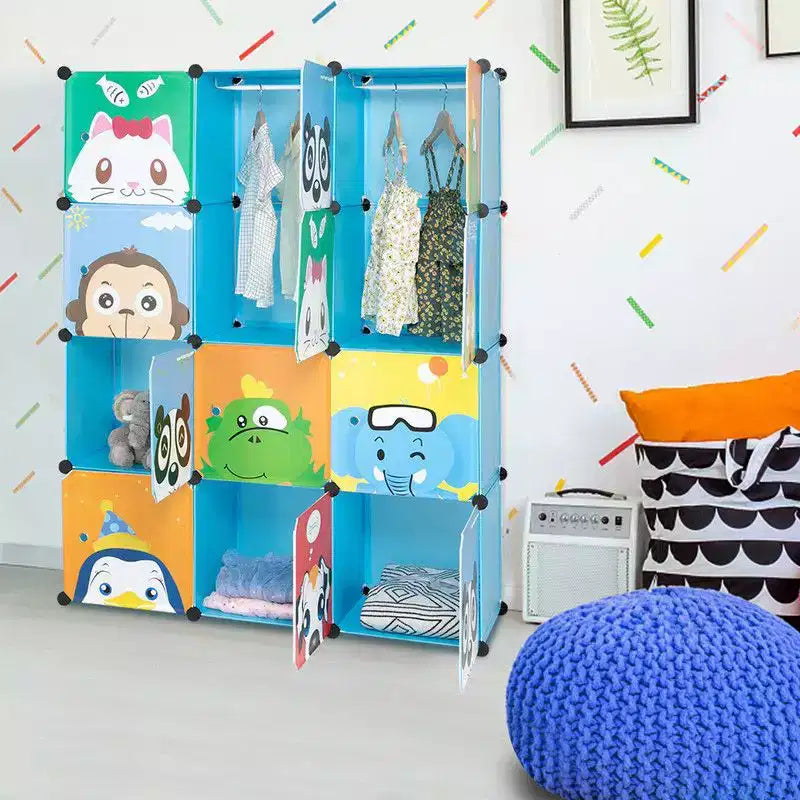 Karl Home Armoire de Rangement Modulable pour Enfants 12 Cubes avec 2 Tiges de Suspension Motif Animal DIY Organisateur de Rangement en Plastique Bleu