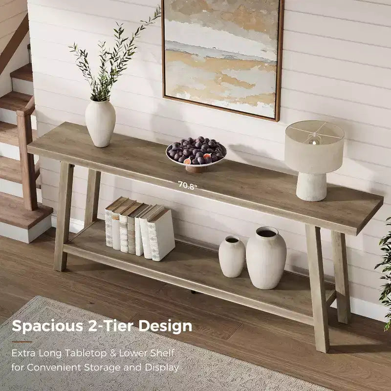 71 Extra Long Farmhouse Console Table, 2-Tier Rectangular Brown Entryway Sofa Table, Sturdy Wood Accent Furniture for Living Room & Hallway