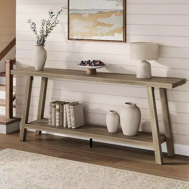 71 Extra Long Farmhouse Console Table, 2-Tier Rectangular Brown Entryway Sofa Table, Sturdy Wood Accent Furniture for Living Room & Hallway