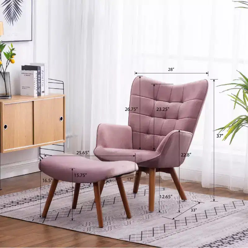 Fauteuil d'appoint capitonné en velours contemporain GDFStudio Valda avec dossier à oreilles et pouf