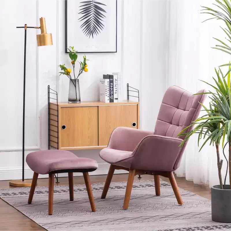 Fauteuil d'appoint capitonné en velours contemporain GDFStudio Valda avec dossier à oreilles et pouf