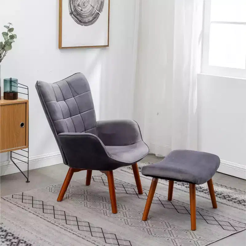 Fauteuil d'appoint capitonné en velours contemporain GDFStudio Valda avec dossier à oreilles et pouf