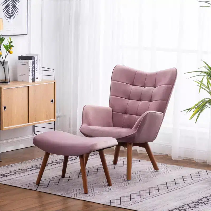 Fauteuil d'appoint capitonné en velours contemporain GDFStudio Valda avec dossier à oreilles et pouf