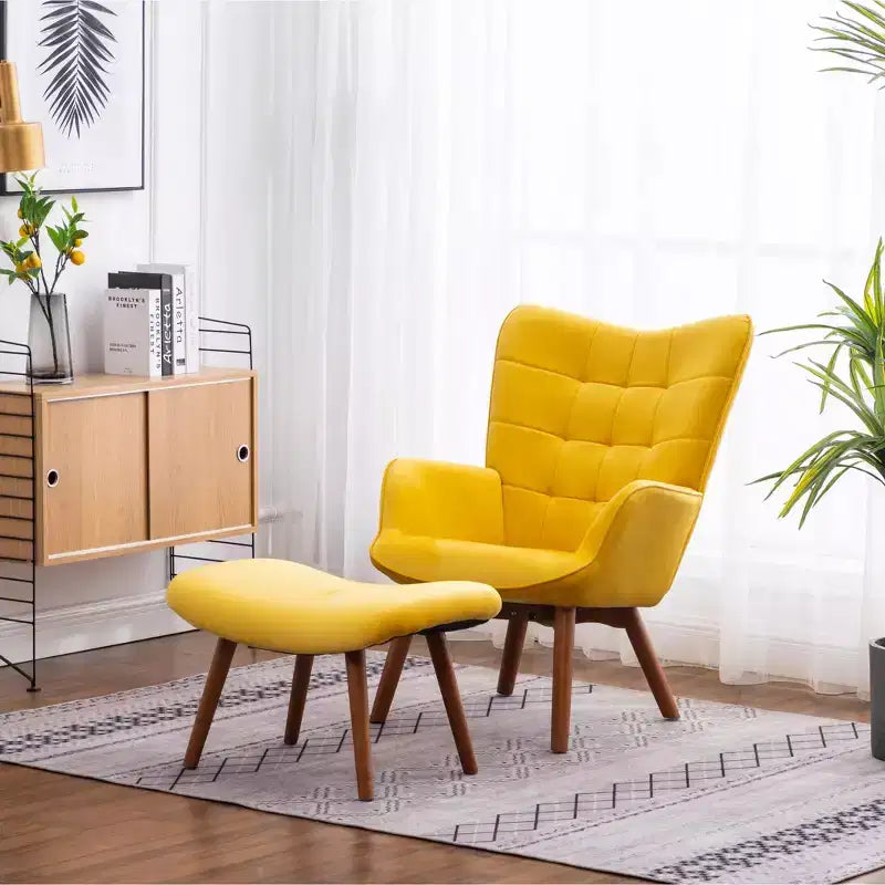 Fauteuil d'appoint capitonné en velours contemporain GDFStudio Valda avec dossier à oreilles et pouf