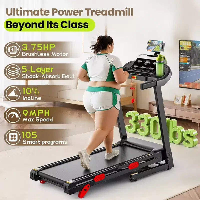 3.5HP 9MPH Treadmill,330LBS Capacity,Folding Home Treadmill w/ Incline&105 Program,Virtual Run w/ APP,Air Damping,Portable Treadmill Jogging Walking