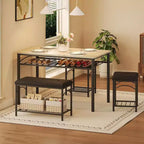 Ensemble table à manger pour 4 avec bancs rembourrés et 2 tabourets, table de petit-déjeuner de cuisine moderne peu encombrante