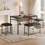 Dining Table Set for 4 with Upholstered Benches and 2 Stools, Modern Space Saving Kitchen Breakfast Table