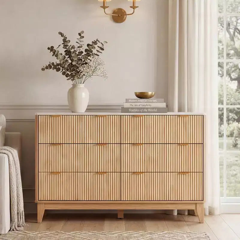 Commode 6 tiroirs à cannelures modernes pour chambre à coucher, tour de rangement verticale avec poignées dorées, commode étroite pour petit espace