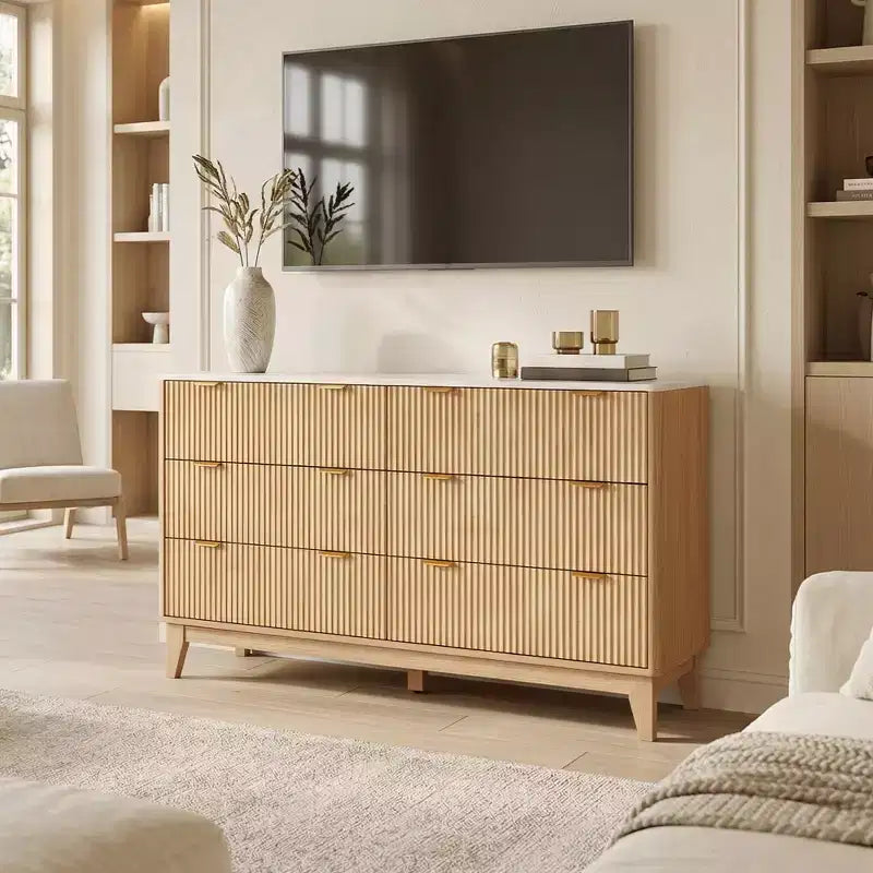 Commode 6 tiroirs à cannelures modernes pour chambre à coucher, tour de rangement verticale avec poignées dorées, commode étroite pour petit espace