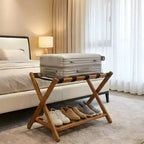 Folding Bamboo Luggage Rack with Storage Shelf 5 Durable Nylon Straps Holds 150 lbs Space-Saving Stand for Bedroom Guest Room Hotel