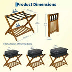 Folding Bamboo Luggage Rack with Storage Shelf 5 Durable Nylon Straps Holds 150 lbs Space-Saving Stand for Bedroom Guest Room Hotel