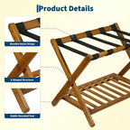 Folding Bamboo Luggage Rack with Storage Shelf 5 Durable Nylon Straps Holds 150 lbs Space-Saving Stand for Bedroom Guest Room Hotel