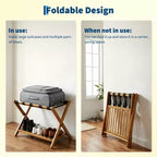 Folding Bamboo Luggage Rack with Storage Shelf 5 Durable Nylon Straps Holds 150 lbs Space-Saving Stand for Bedroom Guest Room Hotel