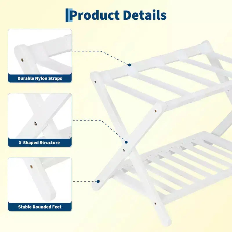 Folding Bamboo Luggage Rack with Storage Shelf 5 Durable Nylon Straps Holds 150 lbs Space-Saving Stand for Bedroom Guest Room Hotel