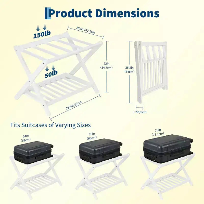 Folding Bamboo Luggage Rack with Storage Shelf 5 Durable Nylon Straps Holds 150 lbs Space-Saving Stand for Bedroom Guest Room Hotel