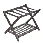 Folding Bamboo Luggage Rack with Storage Shelf 5 Durable Nylon Straps Holds 150 lbs Space-Saving Stand for Bedroom Guest Room Hotel