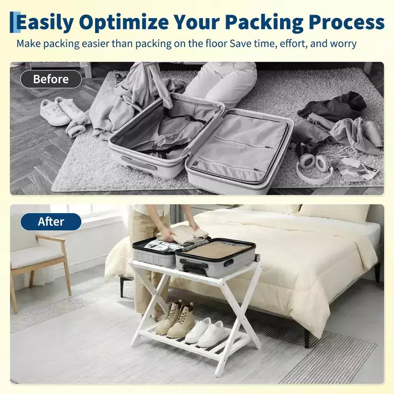 Folding Bamboo Luggage Rack with Storage Shelf 5 Durable Nylon Straps Holds 150 lbs Space-Saving Stand for Bedroom Guest Room Hotel