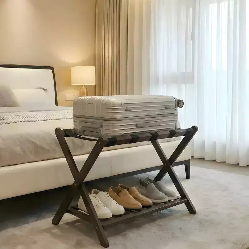 Folding Bamboo Luggage Rack with Storage Shelf 5 Durable Nylon Straps Holds 150 lbs Space-Saving Stand for Bedroom Guest Room Hotel