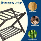 Folding Bamboo Luggage Rack with Storage Shelf 5 Durable Nylon Straps Holds 150 lbs Space-Saving Stand for Bedroom Guest Room Hotel