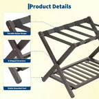 Folding Bamboo Luggage Rack with Storage Shelf 5 Durable Nylon Straps Holds 150 lbs Space-Saving Stand for Bedroom Guest Room Hotel