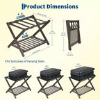 Folding Bamboo Luggage Rack with Storage Shelf 5 Durable Nylon Straps Holds 150 lbs Space-Saving Stand for Bedroom Guest Room Hotel