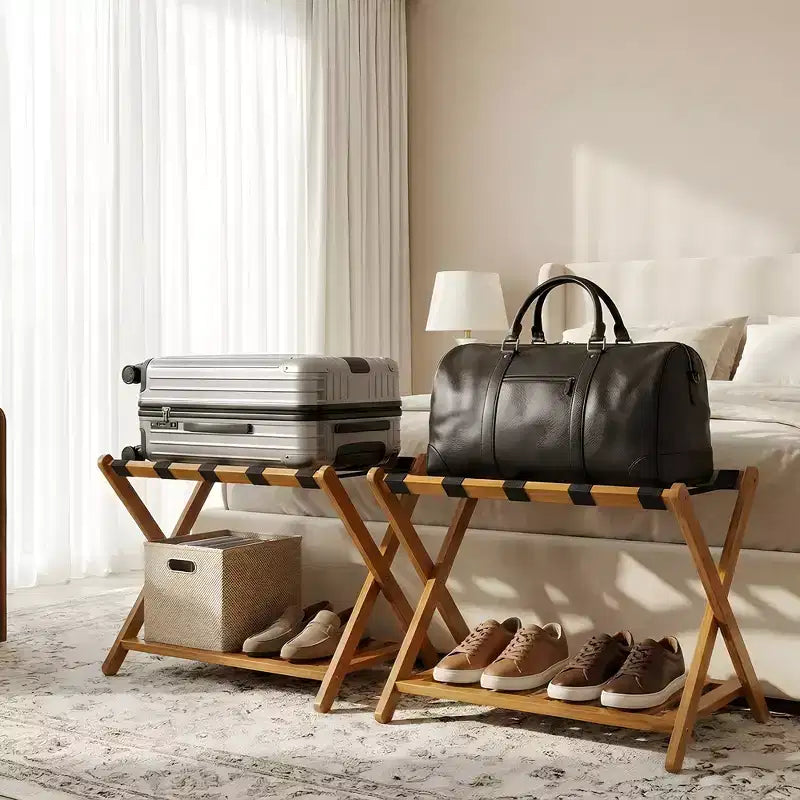 Folding Bamboo Luggage Rack with Storage Shelf 5 Durable Nylon Straps Holds 150 lbs Space-Saving Stand for Bedroom Guest Room Hotel