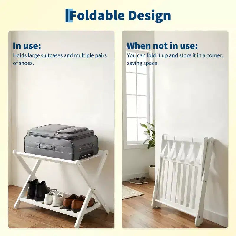 Folding Bamboo Luggage Rack with Storage Shelf 5 Durable Nylon Straps Holds 150 lbs Space-Saving Stand for Bedroom Guest Room Hotel