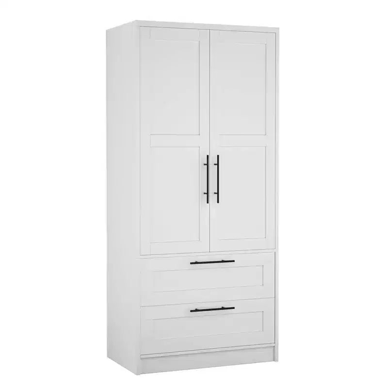 GustoWave Armoire penderie en bois avec 2 tiroirs, Armoire de rangement autonome avec étagères, Rangement blanc pour chambre à coucher