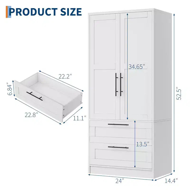 GustoWave Armoire penderie en bois avec 2 tiroirs, Armoire de rangement autonome avec étagères, Rangement blanc pour chambre à coucher