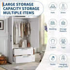 GustoWave Armoire penderie en bois avec 2 tiroirs, Armoire de rangement autonome avec étagères, Rangement blanc pour chambre à coucher