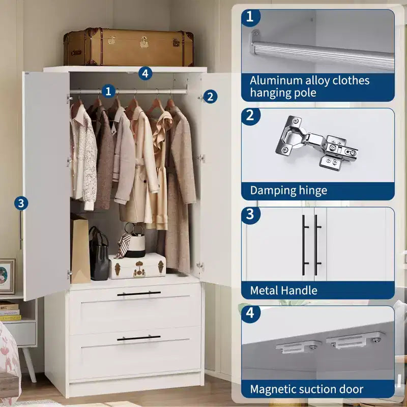 GustoWave Armoire penderie en bois avec 2 tiroirs, Armoire de rangement autonome avec étagères, Rangement blanc pour chambre à coucher