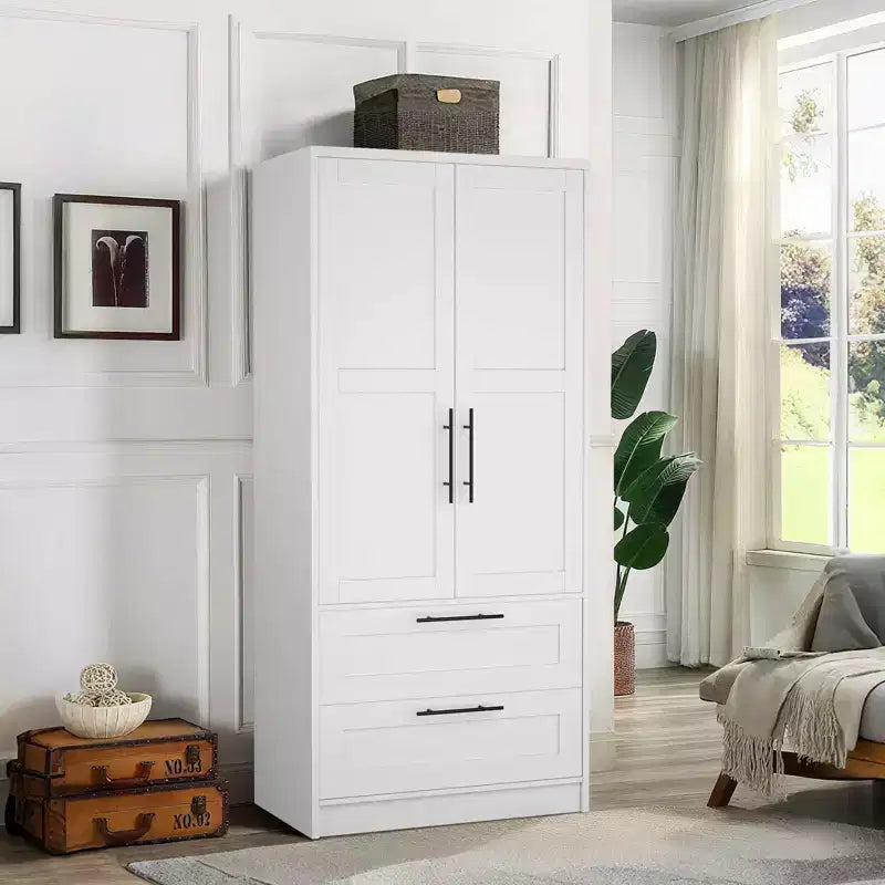 GustoWave Armoire penderie en bois avec 2 tiroirs, Armoire de rangement autonome avec étagères, Rangement blanc pour chambre à coucher