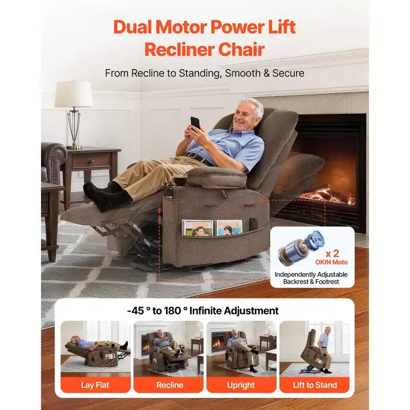 Fauteuil Inclinable Électrique VEVOR, Double Moteur, Grand Fauteuil Élévateur Électrique avec Chaleur et Massage pour Personnes Âgées, Réglage Infini des Positions, Marron