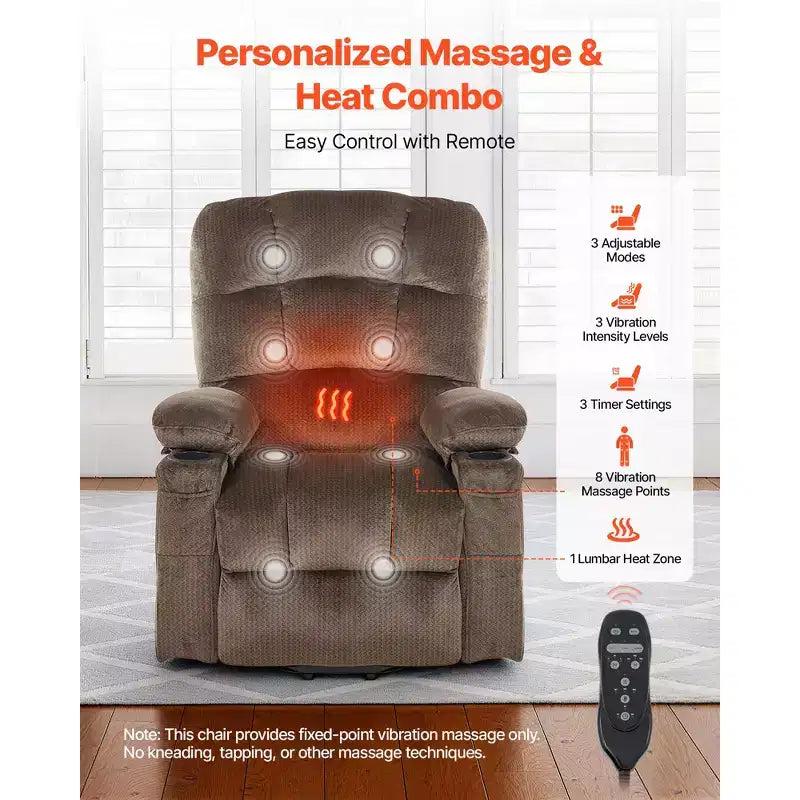 Fauteuil Inclinable Électrique VEVOR, Double Moteur, Grand Fauteuil Élévateur Électrique avec Chaleur et Massage pour Personnes Âgées, Réglage Infini des Positions, Marron