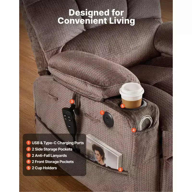 Fauteuil Inclinable Électrique VEVOR, Double Moteur, Grand Fauteuil Élévateur Électrique avec Chaleur et Massage pour Personnes Âgées, Réglage Infini des Positions, Marron